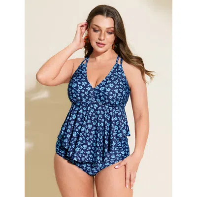 Bloomchic Floral Print Fit And Flare Swim Top In Blue