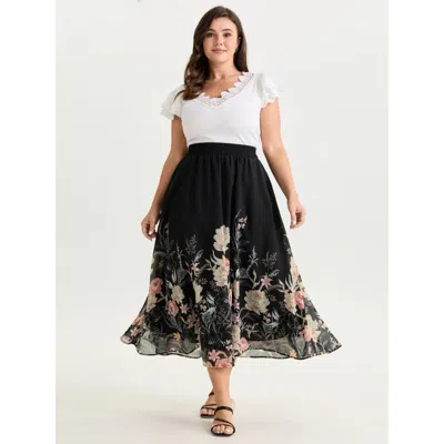 Bloomchic Floral Print Flowy Midi Skirt In Black