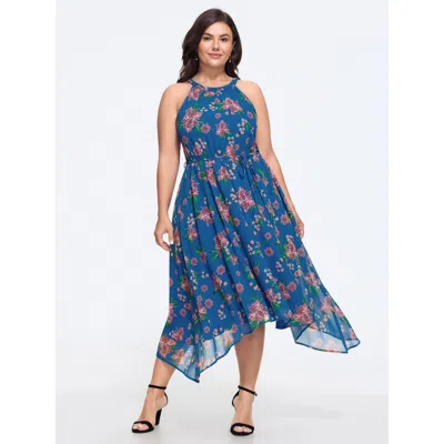 Bloomchic Floral Print Halter High Low Hem Midi Dress In Blue