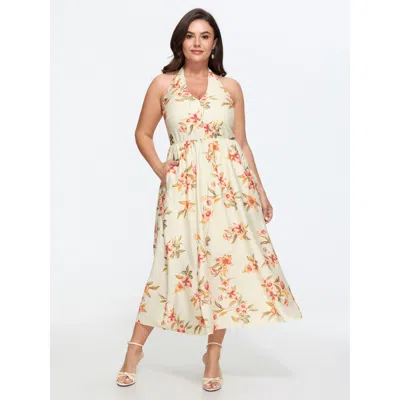 Bloomchic Floral Print Halter Neckline Midi Dress In Orange