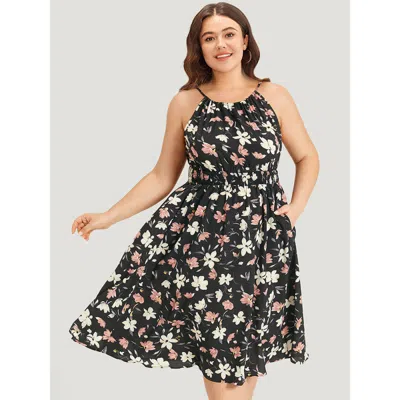 Bloomchic Floral Print Halter Shirred Pocket Ruffle Hem Dress In Black