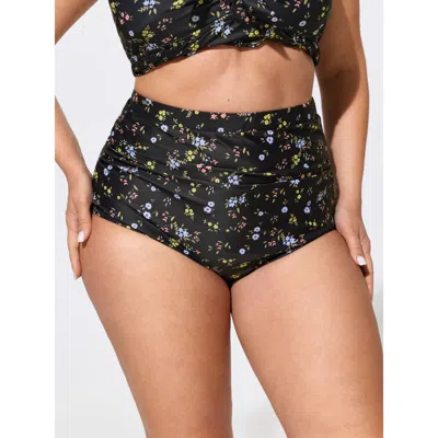 Bloomchic Floral Print High Waisted Swim Bottoms In Black