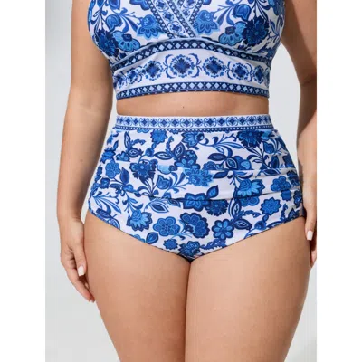 Bloomchic Floral Print High Waisted Swim Bottoms In Blue