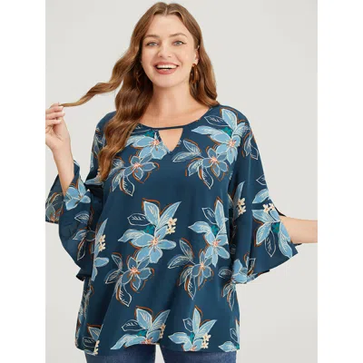 Bloomchic Floral Print Keyhole Neck Split Bell Sleeve Blouse In Blue
