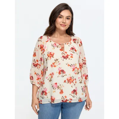Bloomchic Floral Print Keyhole Neckline Shirt In Brown