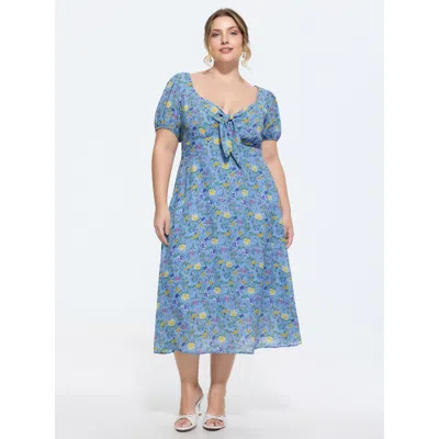 Bloomchic Floral Print Knotted-front Ruched Midi Dress In Blue