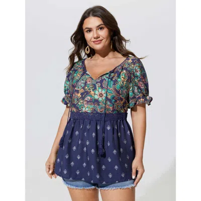 Bloomchic Floral Print Lace Neckline Flowy Blouse In Indigo