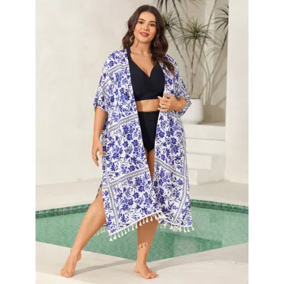 Bloomchic Floral Print Lace Tassels Slit Kimono In Purple