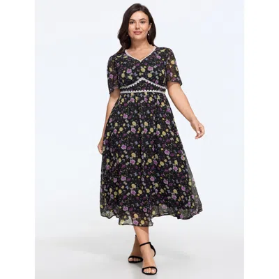 Bloomchic Floral Print Lace Trim Chiffon Midi Dress In Blackflower