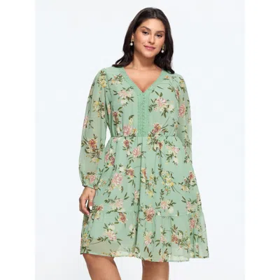Bloomchic Floral Print Lace Trim V‑neck Mini Dress In Brown