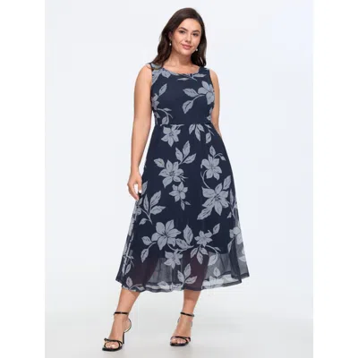 Bloomchic Floral Print Mesh Sleeveless Midi Dress In Darkblue