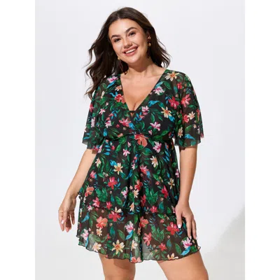 Bloomchic Floral Print Mesh Tiered Swim Dress In Multi