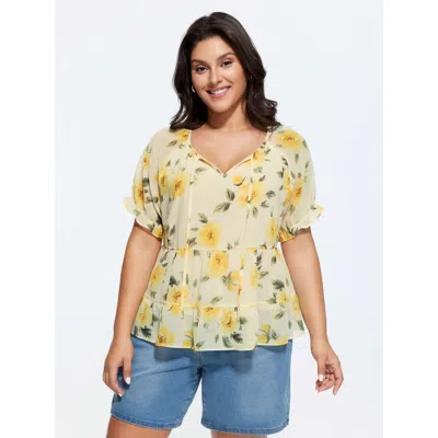 Bloomchic Floral Print Neck Cut-out Blouse In Yellow