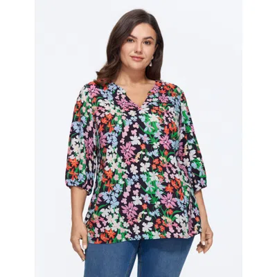 Bloomchic Floral Print Notched Collar Shirt In Pureblack