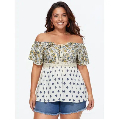 Bloomchic Floral Print Off-shoulder Color Contrast Top In Sand