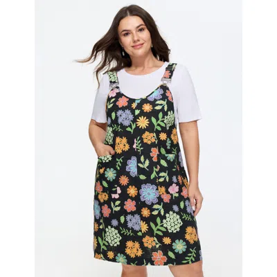 Bloomchic Floral Print Overall Straps Mini Dress In Multicolor