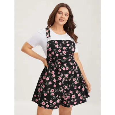 Bloomchic Floral Print Overall Straps Stretchy Romper In Black