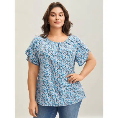 Bloomchic Floral Print Petal Sleeve Pleated Neck Blouse In Blue