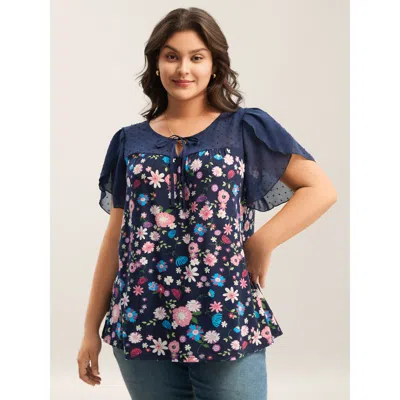 Bloomchic Floral Print Petal Sleeves Spliced Top In Blue