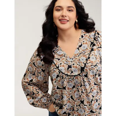 Bloomchic Floral Print Pleated Flowy Blouse In Brown