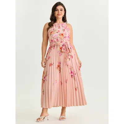 Bloomchic Floral Print Pleated Skirt Midi Dress In Pink