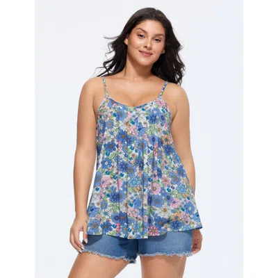 Bloomchic Floral Print Pleated Tank Top In Blue