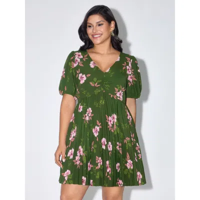 Bloomchic Floral Print Pleated V-neck Mini Dress In Truegreen