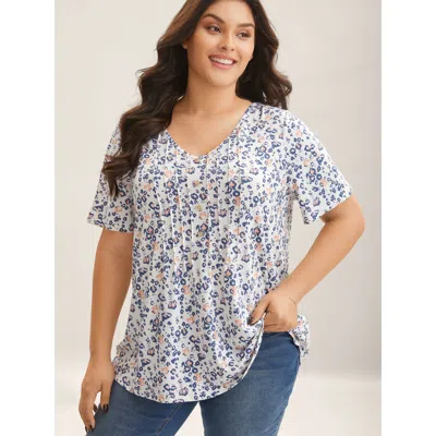 Bloomchic Floral Print Plicated Detail T-shirt In White