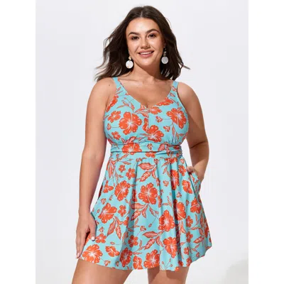 Bloomchic Floral Print Pockets Fit And Flare Swim Dress In Aquamarine