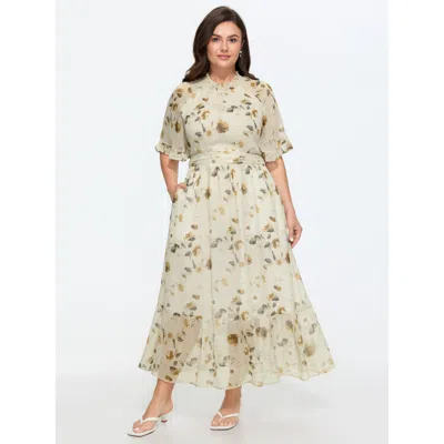 Bloomchic Floral Print Pockets Shirred Mock Neck Maxi Dress In Neutral