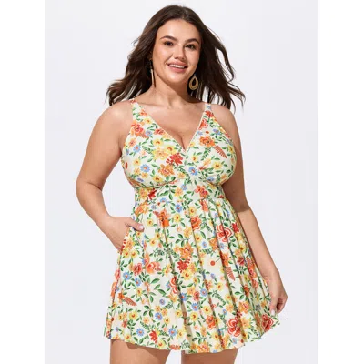 Bloomchic Floral Print Pockets Sleeveless Swim Dress In Beige