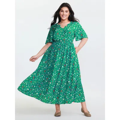 Bloomchic Floral Print Pockets Tiered Maxi Dress In Green