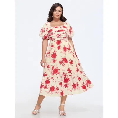 Bloomchic Floral Print Puff Sleeve Ruched Tiered Midi Dress In Ivory