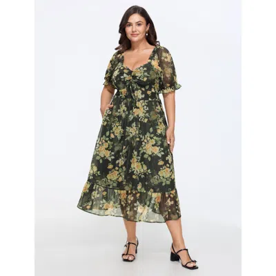 Bloomchic Floral Print Puffy Sleeve Midi Dress In Black