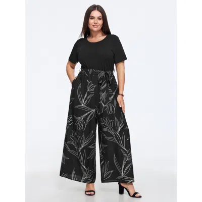 Bloomchic Floral Print Round Neck Waist Tie Wide Leg Jumpsuit In Black