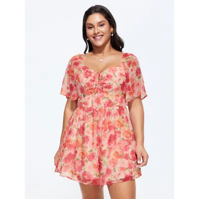 Bloomchic Floral Print Ruched Bodice Romper In Orange