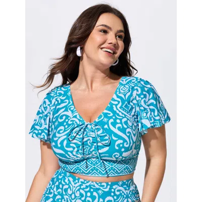 Bloomchic Floral Print Ruched Bodice Swim Top In Blue
