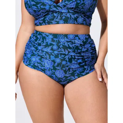 Bloomchic Floral Print Ruched Tight-fit Swim Bottoms In Blue