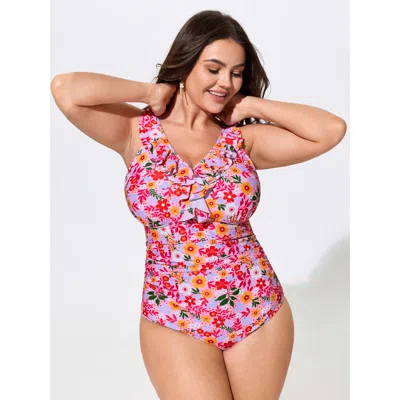 Bloomchic Floral Print Ruffled Neckline One-piece Swim In Multi