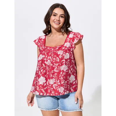 Bloomchic Floral Print Ruffled Sleeve Blouse In Red
