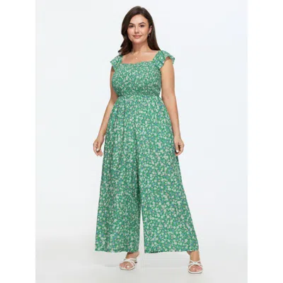 Bloomchic Floral Print Ruffled Straps Jumpsuit In Green