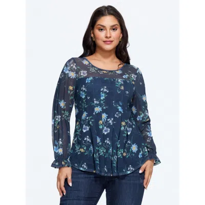 Bloomchic Floral Print Sheer Mesh Pleated Front Chiffon Blouse In Blue
