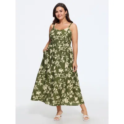 Bloomchic Floral Print Shirred Cami Midi Dress In Green
