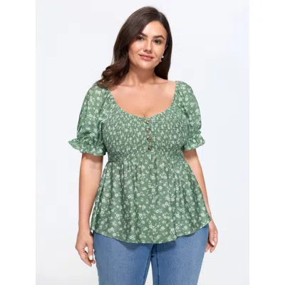 Bloomchic Floral Print Shirred Fit And Flare Blouse In Turquoise