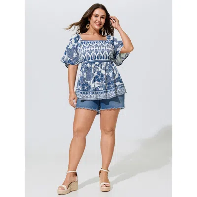 Bloomchic Floral Print Shirred Front Blouse In Originalwhite