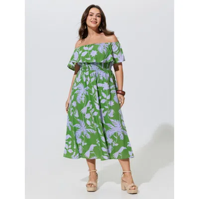 Bloomchic Floral Print Shirred Off-shoulder Midi Dress