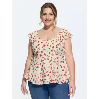 Bloomchic Floral Print Shirred Ruffled Sleeve Tank Top In White