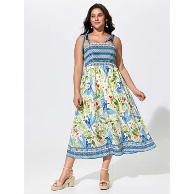 Bloomchic Floral Print Shirred Shoulder Tie Maxi Dress