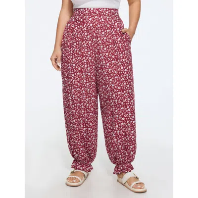 Bloomchic Floral Print Shirred Waist Jogger Pants In Scarlet