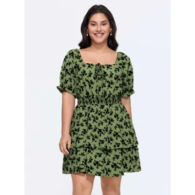 Bloomchic Floral Print Shirred Waist Mini Dress In Green